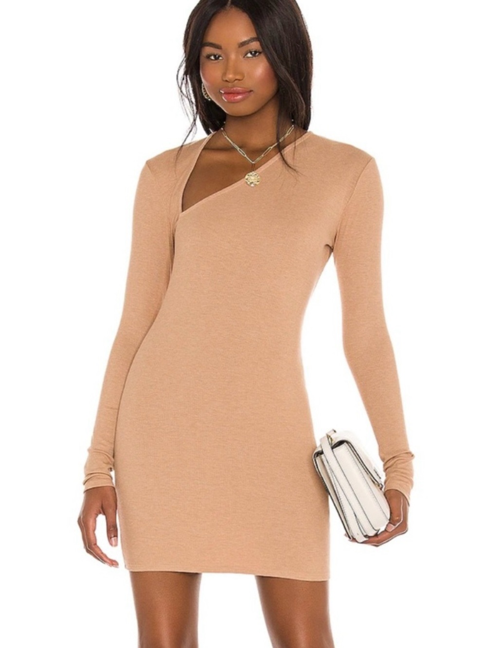 Asymmetrical Ribbed Mini Dress Nude Tan XXS Michael Costello x REVOLVE